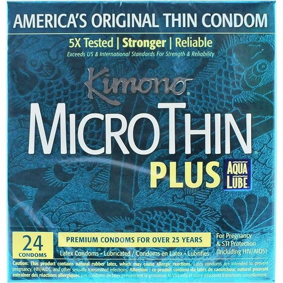 Kimono Microthin Plus - Premium Lubricated Natural Latex Condoms, Ultra Thin with Extra Moisture and AquaLube, Vegan-Friendly, No Latex Odor - Enhanced Sensitivity - Pack of 24