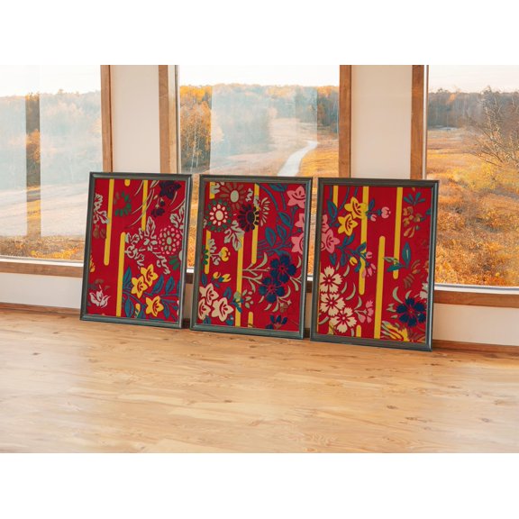 Kimono Pattern Traditional Textile Style Triptych Vibrant Red Floral Asian Graphic Gallery Set Botanical Wall Art Poster, , Poster Only