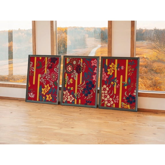 Kimono Pattern Wall Art Print Set Of 3, Traditional Red Floral Asian Decor