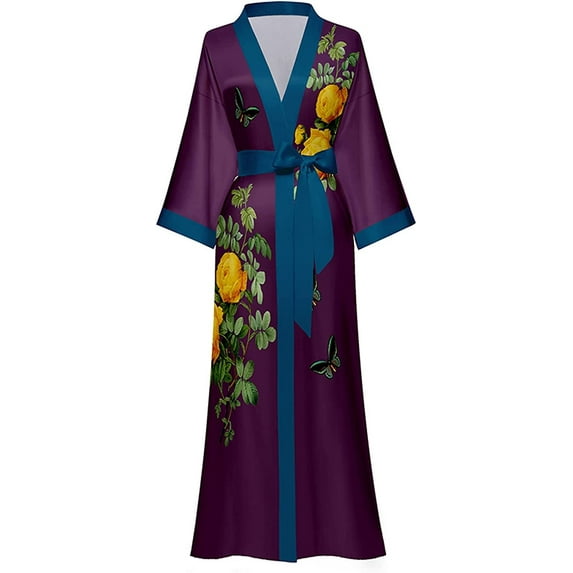 Kimono Robe, LOFIR Womens Robe Ice Silk Satin Robe Summer Bath for Women Long Lightweght Floral House Coat Nightgown Loungewear Sleepwear for Women Ladies Gift, Purple