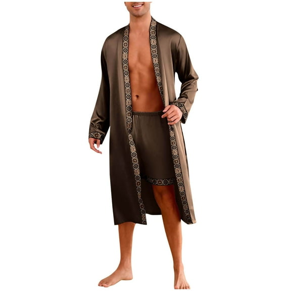 Kimono Robe Set for Mens Silk Satin Long Sleeve Bathrobe with Shorts 2 Pcs Sleepwear Pjs Sets Hooded Spa Robes Soft Sleepwear