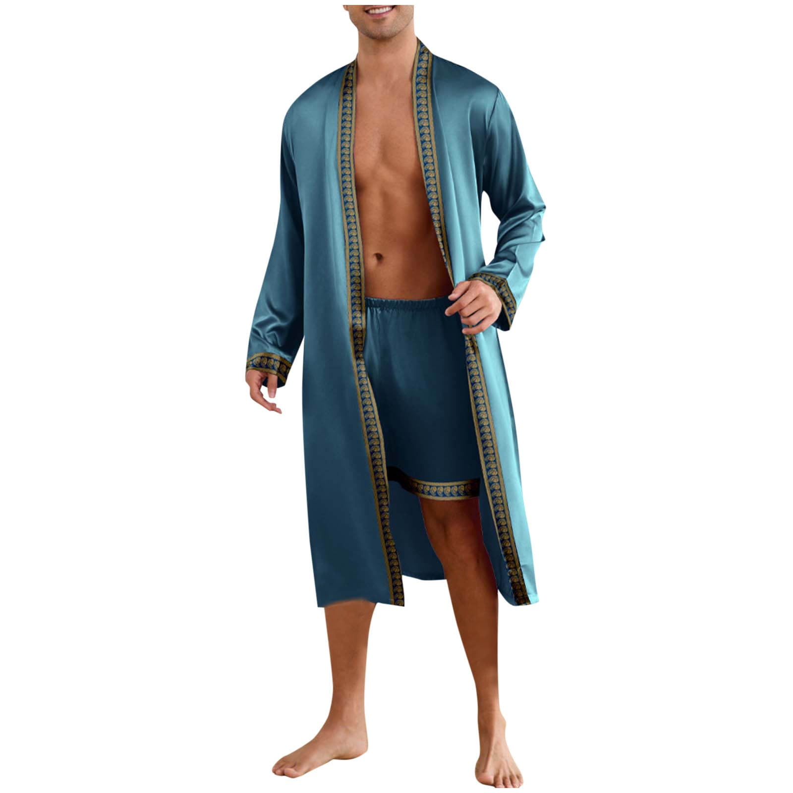 Kimono Robe Set for Mens Silk Satin Long Sleeve Bathrobe with Shorts 2 ...