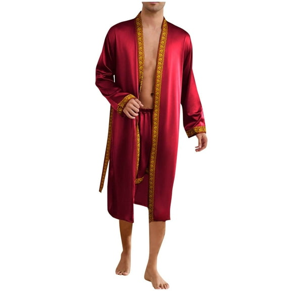 Kimono Robe Set for Mens Silk Satin Long Sleeve Bathrobe with Shorts 2 Pcs Sleepwear Pjs Sets Hooded Spa Robes Soft Sleepwear