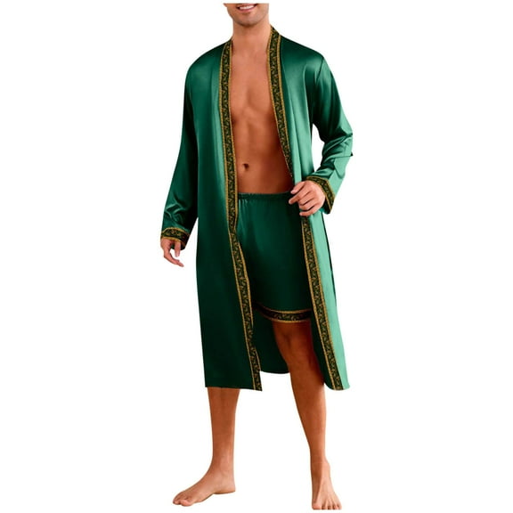 Kimono Robe Set for Mens Silk Satin Long Sleeve Bathrobe with Shorts 2 Pcs Sleepwear Pjs Sets Hooded Spa Robes Soft Sleepwear