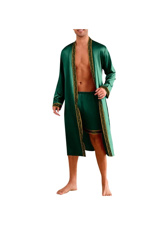 Kimono Robe Set for Mens Silk Satin Long Sleeve Bathrobe with Shorts 2 Pcs Sleepwear Pjs Sets Hooded Spa Robes Soft Sleepwear