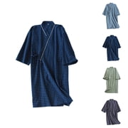 Kimono Robe for Men Plaid Cotton Yukata Spa Sauna Bathrobe Japanese Kimono Sleepwear