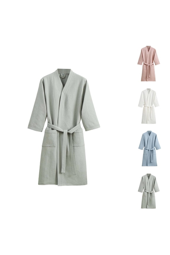Kimono Robe for Men Women Waffle Knit 3/4 Sleeve Yukata Spa Sauna Bathrobe with Pockets Shower Robe Sleepwear