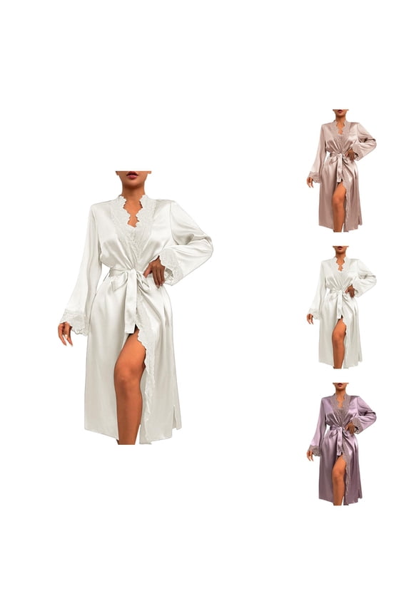 Kimono Robe for Women Satin Long Sleeve Lace Trim Flowy Bride Bridesmaid Wedding Party Robe Bathrobe Sleepwear