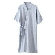 Kimono Robes for Men Women Lightweight Knee Length Cotton Spa Bath Robe with Pocket Lounge Yukata Nightwear for Shower House Party Size L-2XL Light Blue