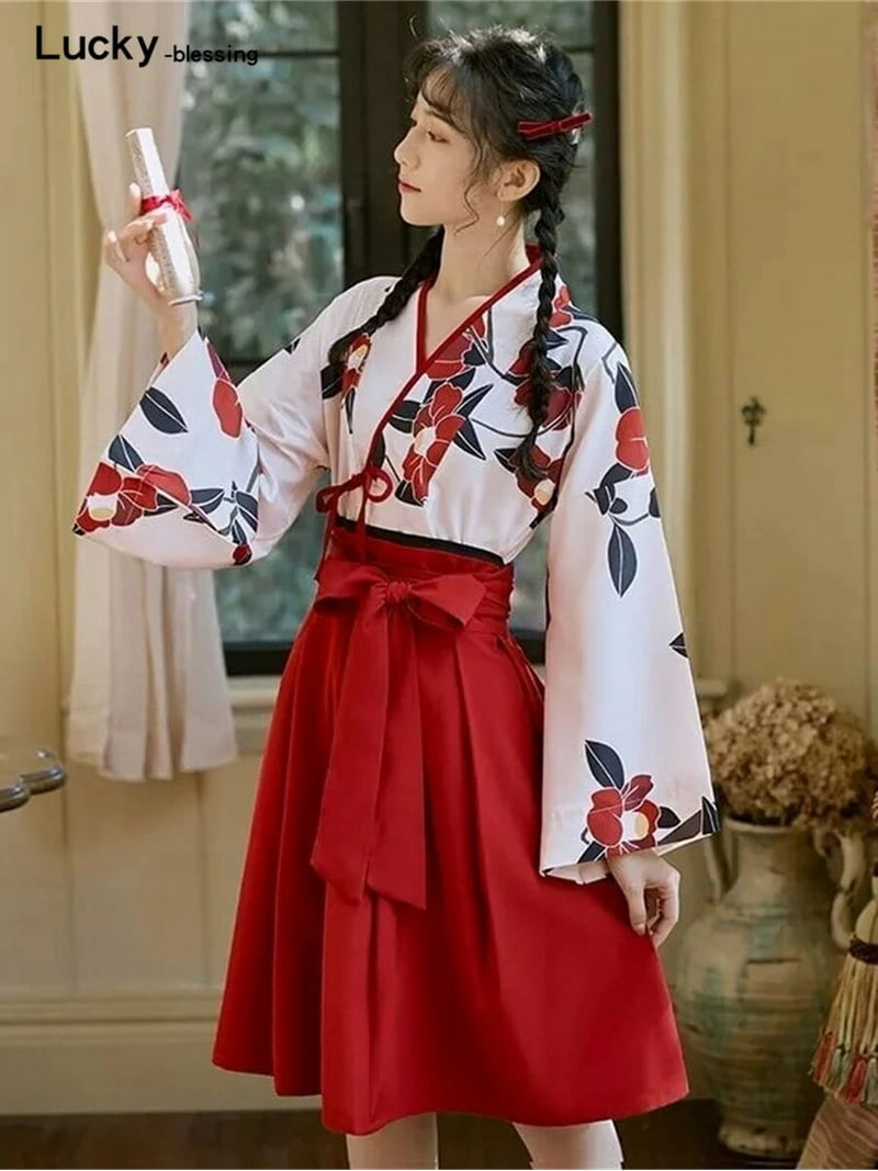 Kimono Sakura Girl Japanese Style Floral Print Vintage Dress Woman