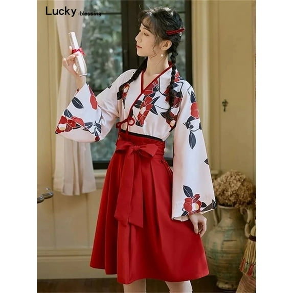 Kimono Sakura Girl Japanese Style Floral Print Vintage Dress Woman Costume Haori Robe Set For Party Yukata Asian Cosplay Clothes