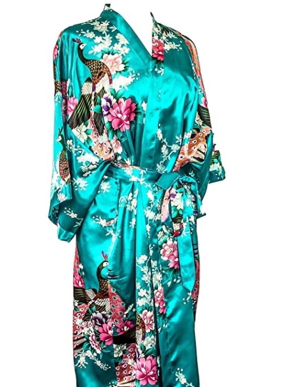 Kimono robe long 16 colors PREMIUM Peacock bridesmaid bridal shower womens gift (Blue Turquoise)
