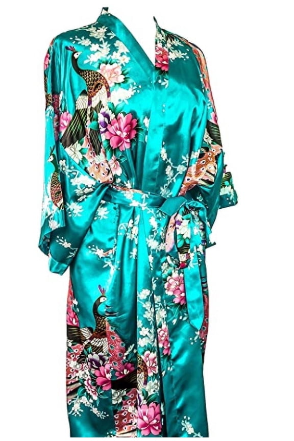 Kimono robe long 16 colors PREMIUM Peacock bridesmaid bridal shower womens gift (Blue Turquoise)