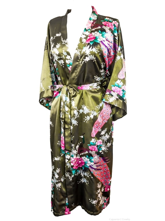 Long Kimono Robe for Women, Good Quality Lightweight Stunning Luxury Style Peacock Bridesmaid Robe with Wide V-Shaped Neckline Bridal Shower, Birthday Womens Gift (Green Olive)