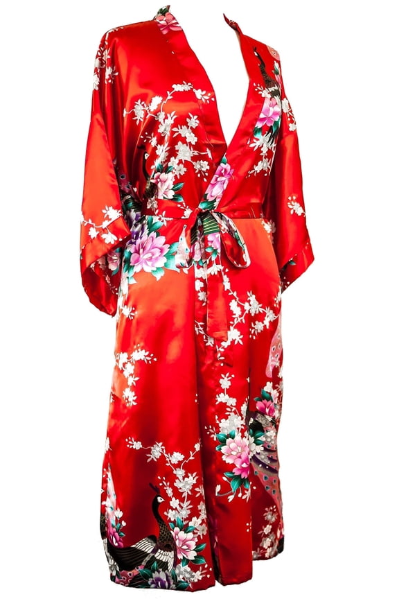 Long Kimono Robe for Women, Good Quality Lightweight Stunning Luxury Style Peacock Bridesmaid Robe with Wide V-Shaped Neckline Bridal Shower, Birthday Women’s Gift (Red Candy)