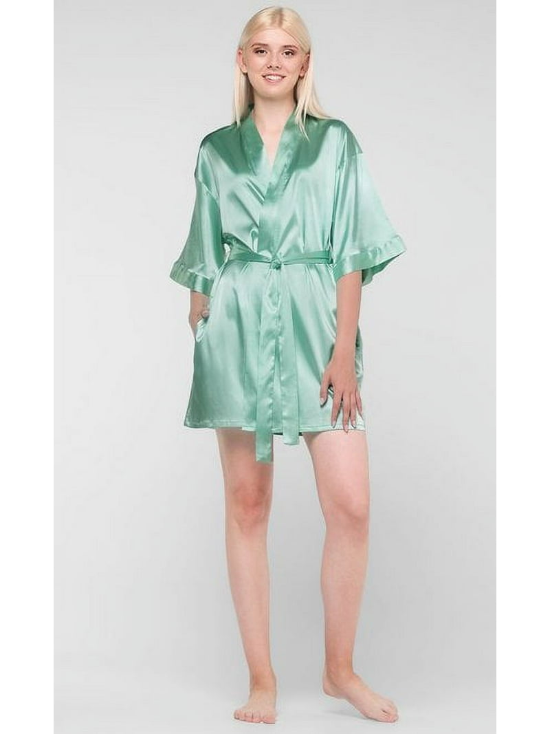 Kimono Robes for Women Satin Silk Lingerie Robe, Short V-Neck for Female Sleepwear Loungewear Bridal Party Bridesmaid Wedding - Mint Green - Robe Mart, image size:800x1067