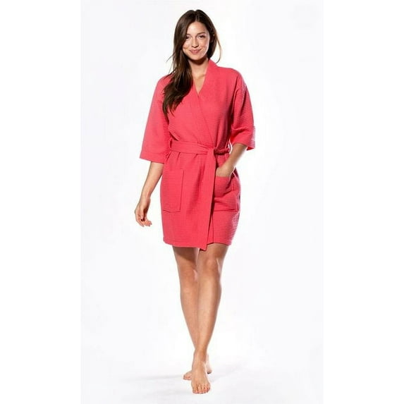 Kimono robes for Women Waffle Cotton robe, Short V-Neck For Female Sleepwear Loungewear bridal party bridesmaid wedding - Coral - Large