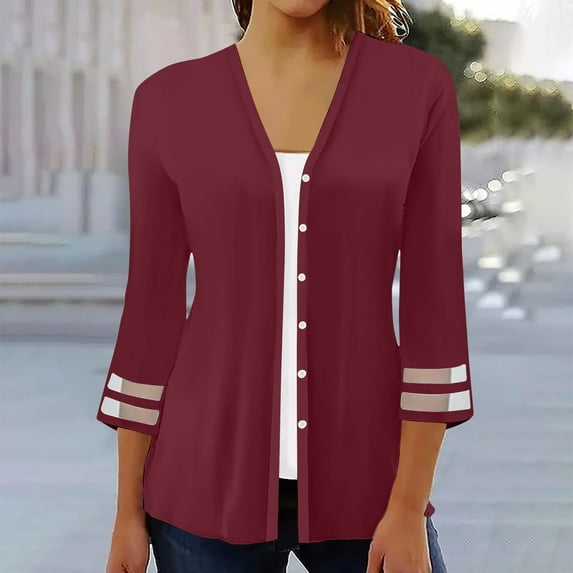 Kimonos Cardigan for Women's Plus Size Casual Fashion Quarter Sleeved 4/3 Sleeved Button Cardigan Jacket Top Beach on Clearance