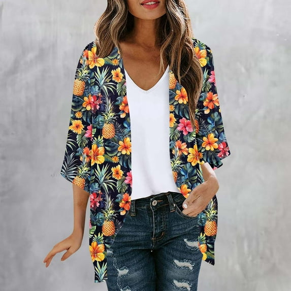 Kimonos Cardigans for Women Lightweight 3/4 Sleeve Floral Print Summer Cardigans Chiffon Open Front Loose Casual Tops Vacation Beach Cover Ups Ofertas Del Dia De Hoy Relampago In Store Shopping