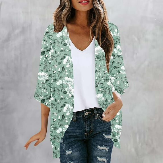 Kimonos Cardigans for Women Lightweight 3/4 Sleeve Floral Print Summer Cardigans Chiffon Open Front Loose Casual Tops Vacation Beach Cover Ups Return Items On My Online Purchase Online Order History