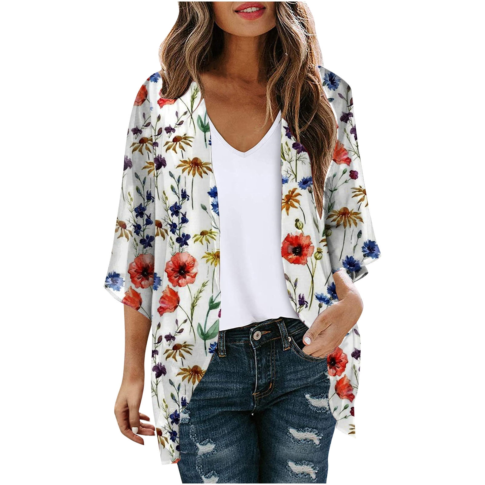 Kimonos for Women Beach Swimsuit Cover Up Cardigans 3/4 Sleeve Tops