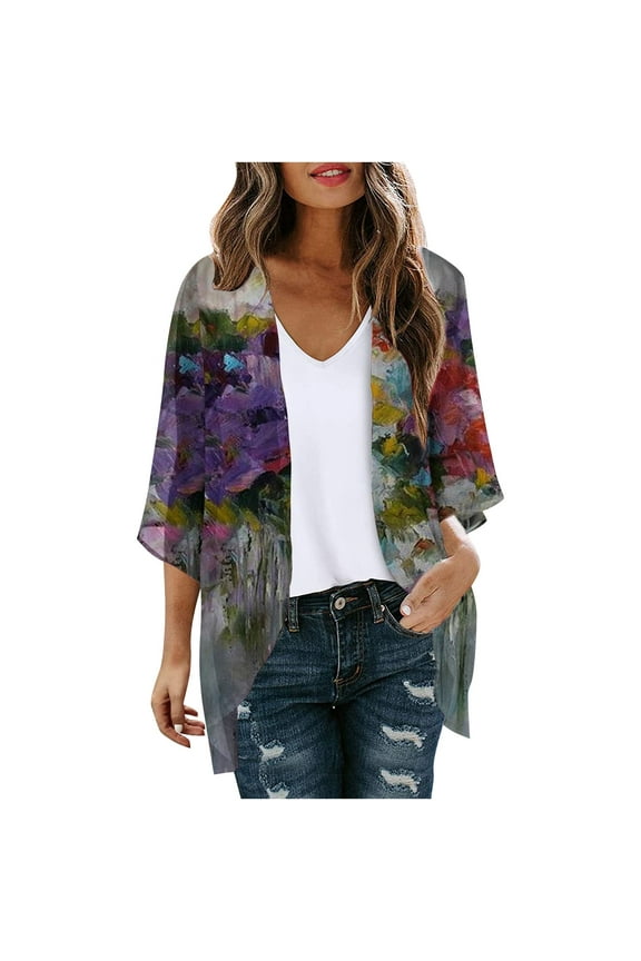 Kimonos for Women Beach Swimsuit Cover up Cardigans 3/4 Sleeve Tops Women’S Clothing