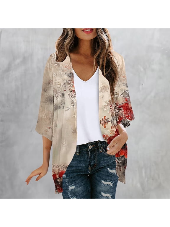Womens Floral Kimono 3/4 Sleeve Kimono Cardigans Casual Cardigan Loose Open Front Tops