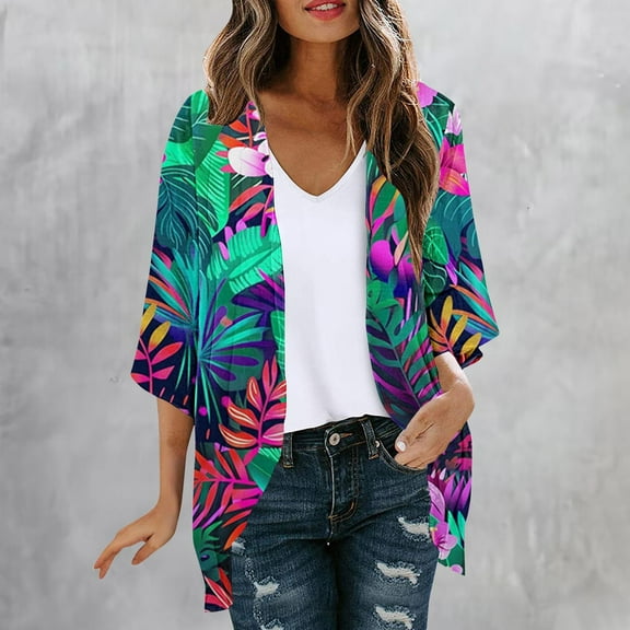 Kimonos for Women Fall Tops Cover up Lightweight Cardigan Casual Floral Tops 3/4 Sleeve Loose Fit Cardigans
