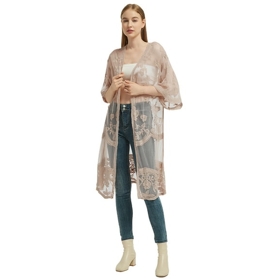 Kimonos for Women Lace Bathing Suit Cover Up Half Sleeve Summer Cardigans Sheer Coverup Dress, Tan, Onesize