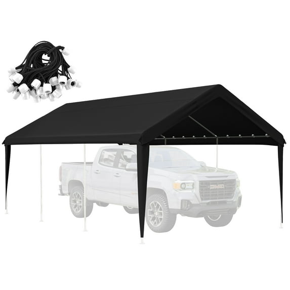 Kimunuk 10' x 20' Canopy Replacement Cover, Outdoor Portable Carport Replacement Canopy with Ball Bungees for Car Garage Shelter Tent Party Tent, Black ,Frame is Not Included