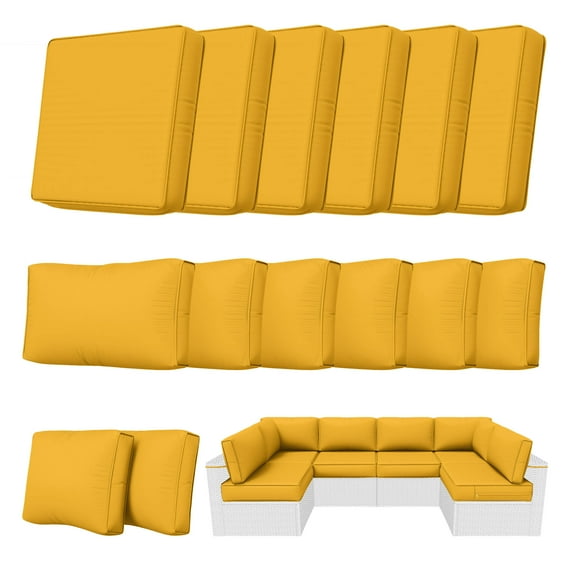 Kimunuk 14 Piece Outdoor Furniture Replacement Cushions, 5" Foam Foam High-Density, Fits 6-Seat Sectional Rattan Conversation Set, Patio Water-Resistant Sofa Cushions, Yellow