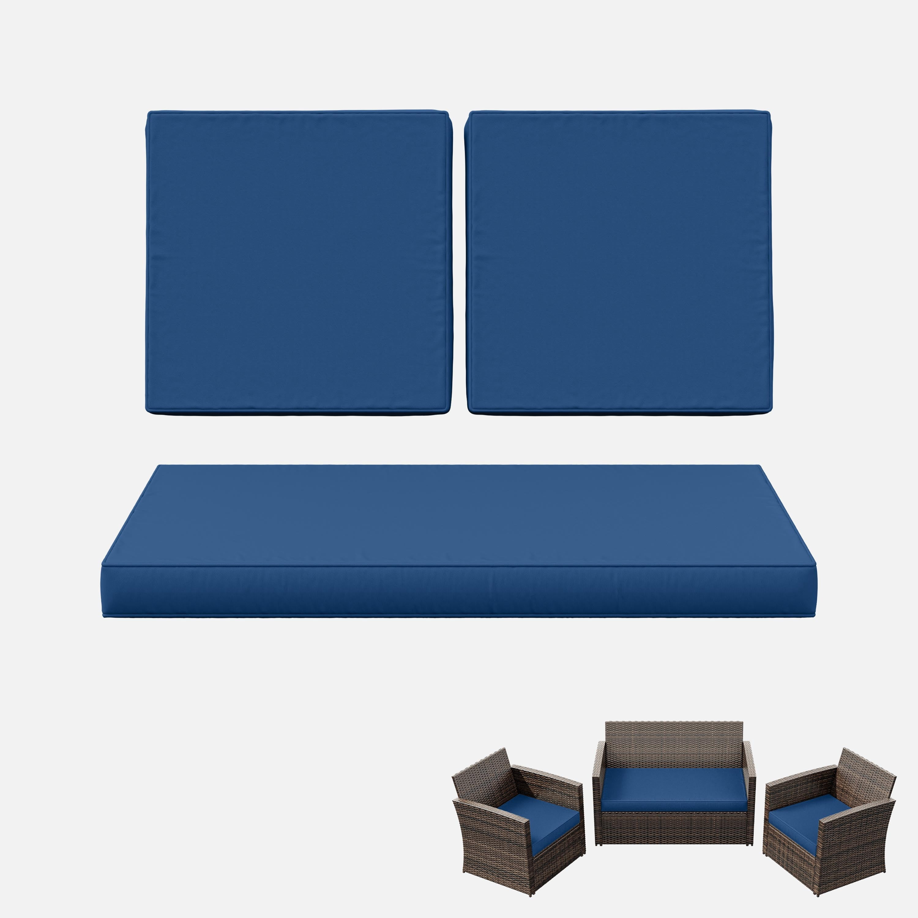 Kimunuk 3 Piece Wicker Chair Cushions, Waterproof Patio Loveseat Chair Cushions Set for Outdoor Indoor Furniture, Blue