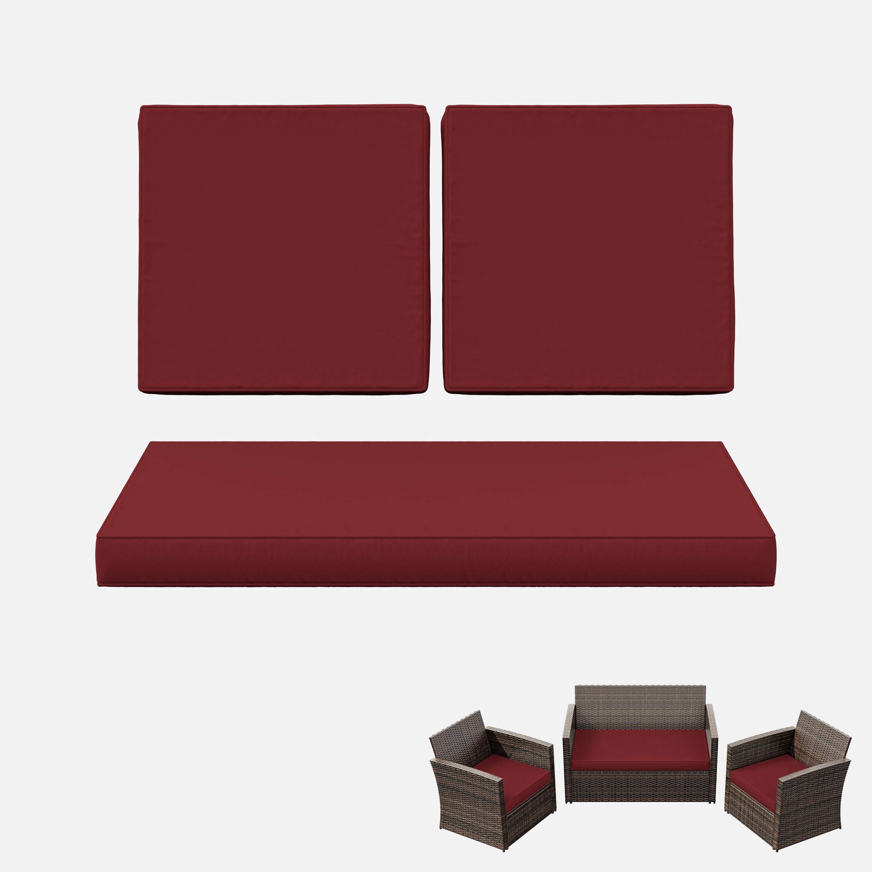 Kimunuk 3 Piece Wicker Chair Cushions, Waterproof Patio Loveseat Chair Cushions Set for Outdoor Indoor Furniture, Burgundy