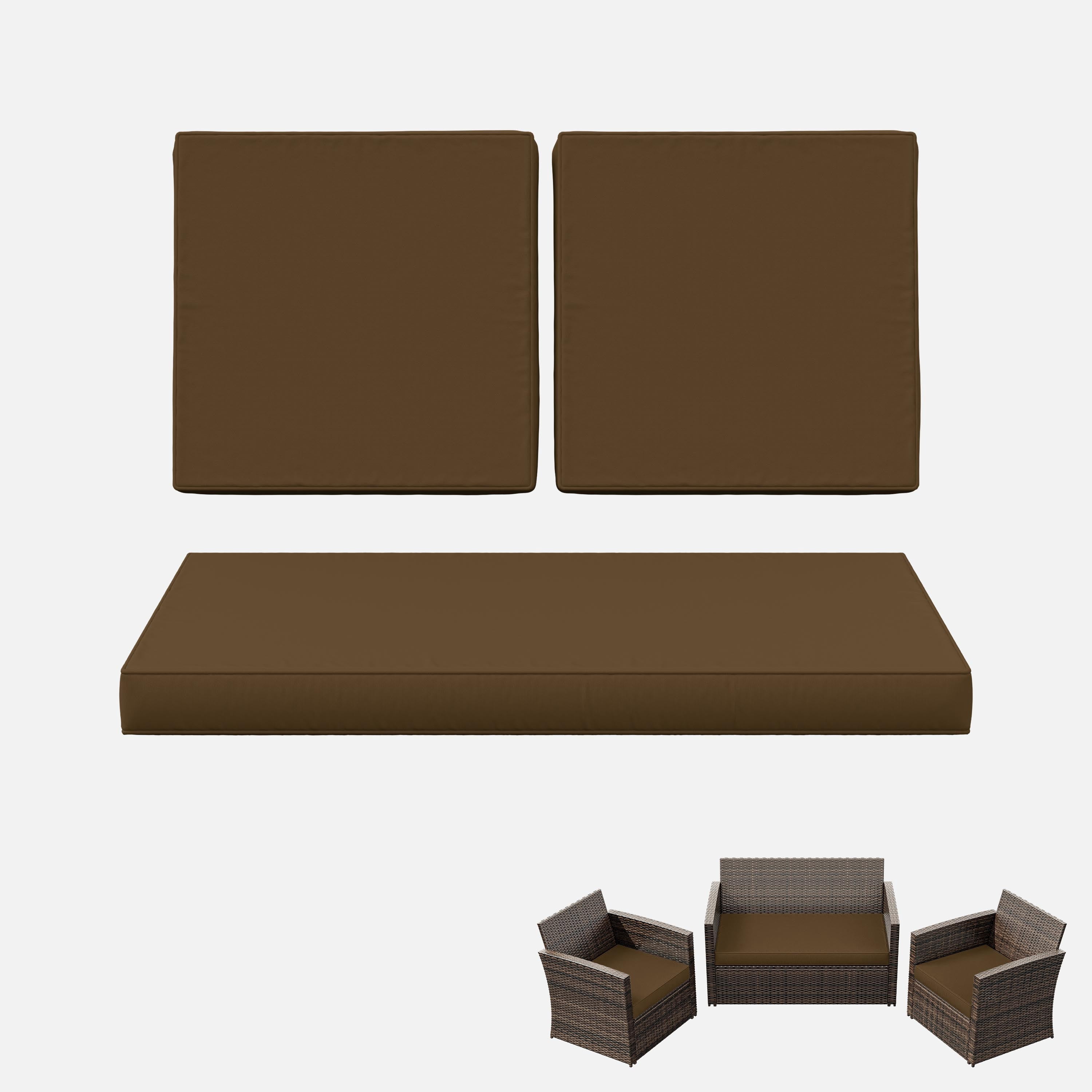 Kimunuk 3 Piece Wicker Chair Cushions, Waterproof Patio Loveseat Chair Cushions Set for Outdoor Indoor Furniture, Chocolate