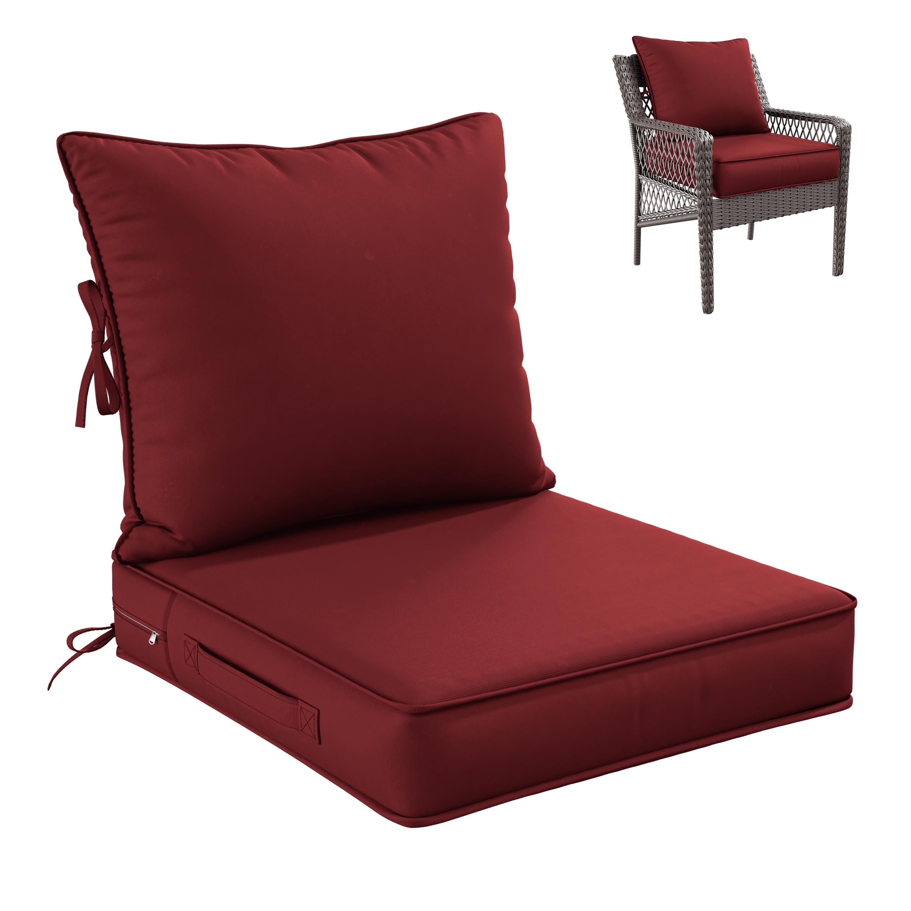 Kimunuk Outdoor Seat Cushion Set, 22" X 24" X 4" Water-Resistant & Fade-Resistant Patio Furniture Replacement Cushions with Handle and Straps for Sofa Chair, Burgundy