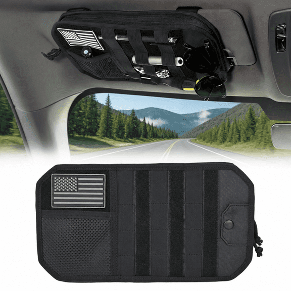 Kimwason Molle Car Sun Visor Organizer, Semi-Rigid Vehicle Visor Panel with Zipper Storage Pouch for SUVs, Black