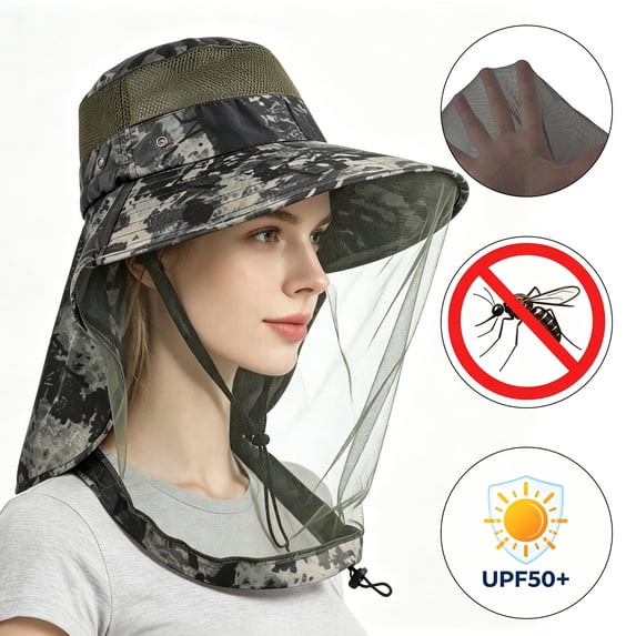 Kimwason Mosquito Head Net Hat with Neck Flap, Wide Brim Sun Hat with Bug Net, UPF 50+ Protection Hiking Fishing Camping Safari Hat for Men Women, Green