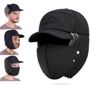 Kimwason Trapper Hat, Winter Warm Ushanka Hat with Face Mask & Ear Flaps, Faux Fur Lined Thermal Windproof Baseball Cap for Men Women, Black