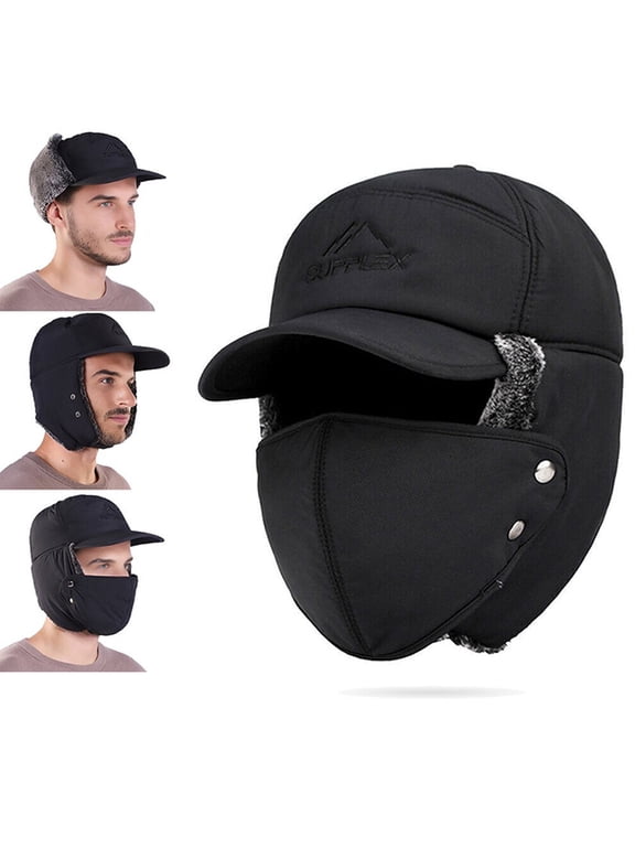 Trapper Hat, Winter Warm Ushanka Hat with Face Mask & Ear Flaps, Faux Fur Lined Thermal Windproof Baseball Cap for Men Women, Black