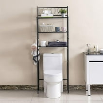 Kimzda 3-Tier Bathroom Over The Toilet Storage Rack Free Standing Metal Frame Shelf Organizer, with 4-Hooks, Black