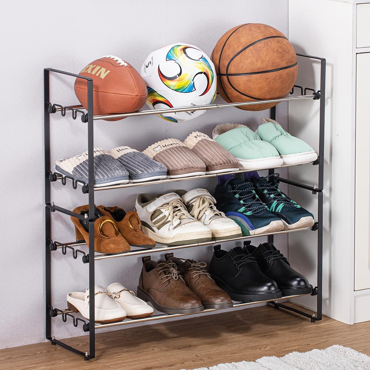 Kimzda Adjustable 4 Tier Metal Shoe Rack Small Steel Holds up to 12 to 16 Pairs Expandable Stackable Black Walmart