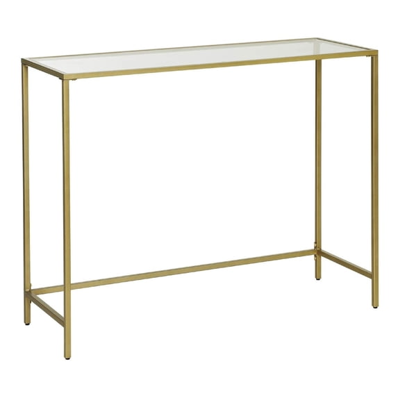 Kin 39 Inch Sofa Table, Metal Console, Tempered Glass Shelf, Gold, Clear- Saltoro Sherpi