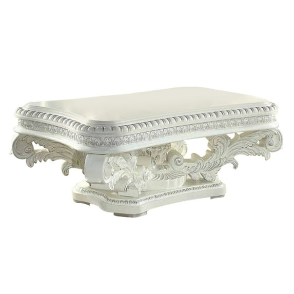 Kin 55 Inch Coffee Table- Raised Scrolled Pedestal- Ornate Motif- White