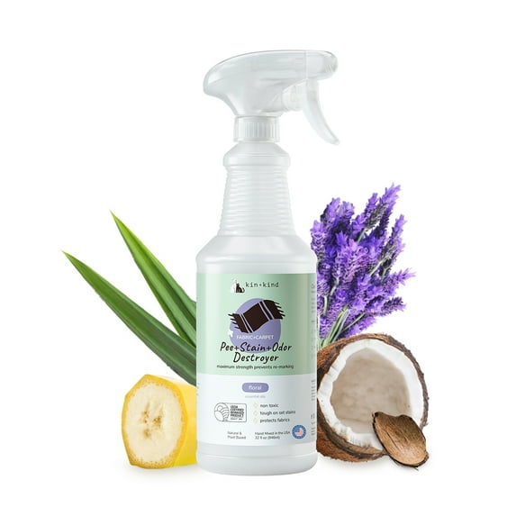 kin+kind Pet Odor Eliminator for Home - Litter Deodorizer, Pet Urine Odor Eliminator Spray and Stain Remover Spray for Harwood Floods, Carpet and Fabric - Pee, Odor and Stain Destroyer 32 fl oz