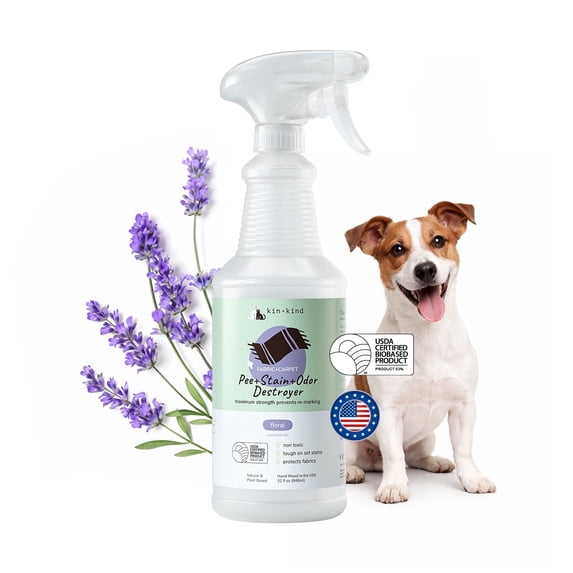 kin+kind Pet Urine Cleaner for Dogs & Cats, Carpet & Fabric Cleaner, Stain & Odor Remover, Pet Urine Remover, Stops Re-Marking, Floral, 32 fl oz