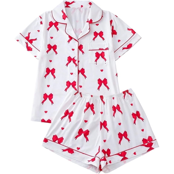 KinKnit New Valentines Pajamas for Women Cute Bow Heart Printed Pajamas 2 Piece Pajama Set Plus Soft Short Sleeve Button Down Sleepwear Pjs