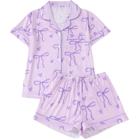 KinKnit New Valentines Pajamas for Women Cute Bow Heart Printed Pajamas 2 Piece Pajama Set Plus Soft Short Sleeve Button Down Sleepwear Pjs