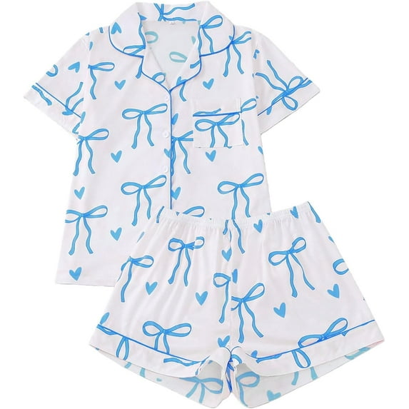 KinKnit New Valentines Pajamas for Women Cute Bow Heart Printed Pajamas 2 Piece Pajama Set Plus Soft Short Sleeve Button Down Sleepwear Pjs