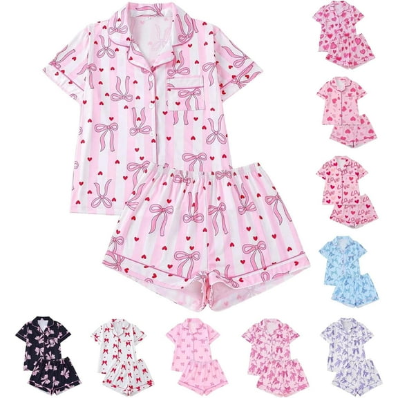KinKnit New Valentines Pajamas for Women Cute Bow Heart Printed Pajamas 2 Piece Pajama Set Plus Soft Short Sleeve Button Down Sleepwear Pjs