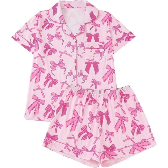 KinKnit New Valentines Pajamas for Women Cute Bow Heart Printed Pajamas 2 Piece Pajama Set Plus Soft Short Sleeve Button Down Sleepwear Pjs